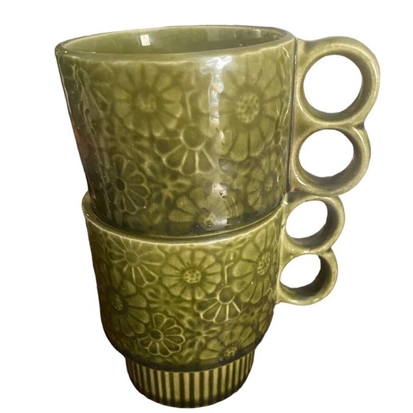 MCM Other - Vintage MCM Avocado Green Mugs Coffee Cups Floral Daisy JAPAN Set Of 2